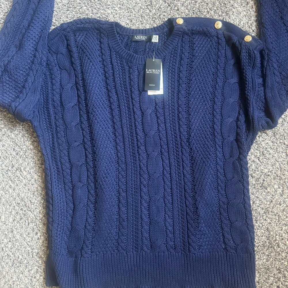 LAUREN RALPH LAUREN NAVY BLUE SWEATER W/GOLD SIDE BUTTONS - Picture 5 of 6